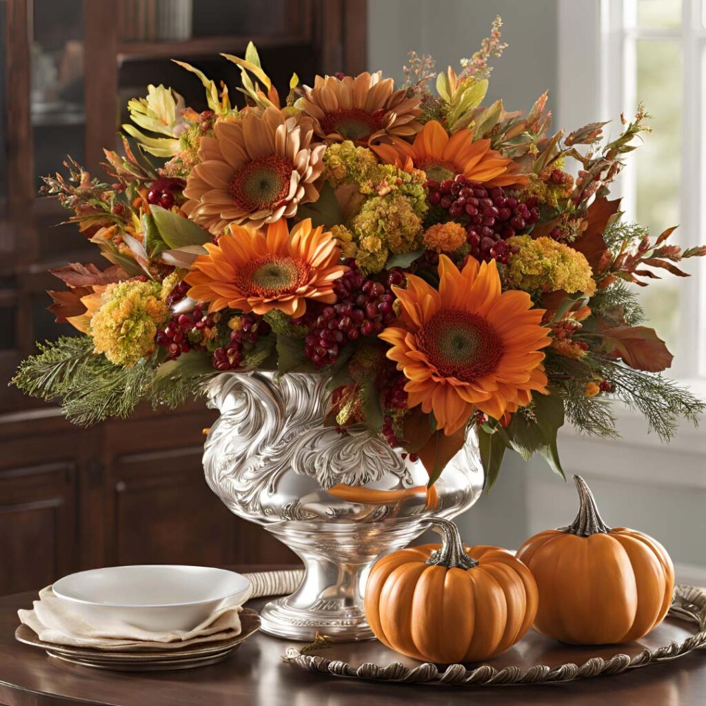 Silver ornate vase with fall sunflower arrangement centerpiece