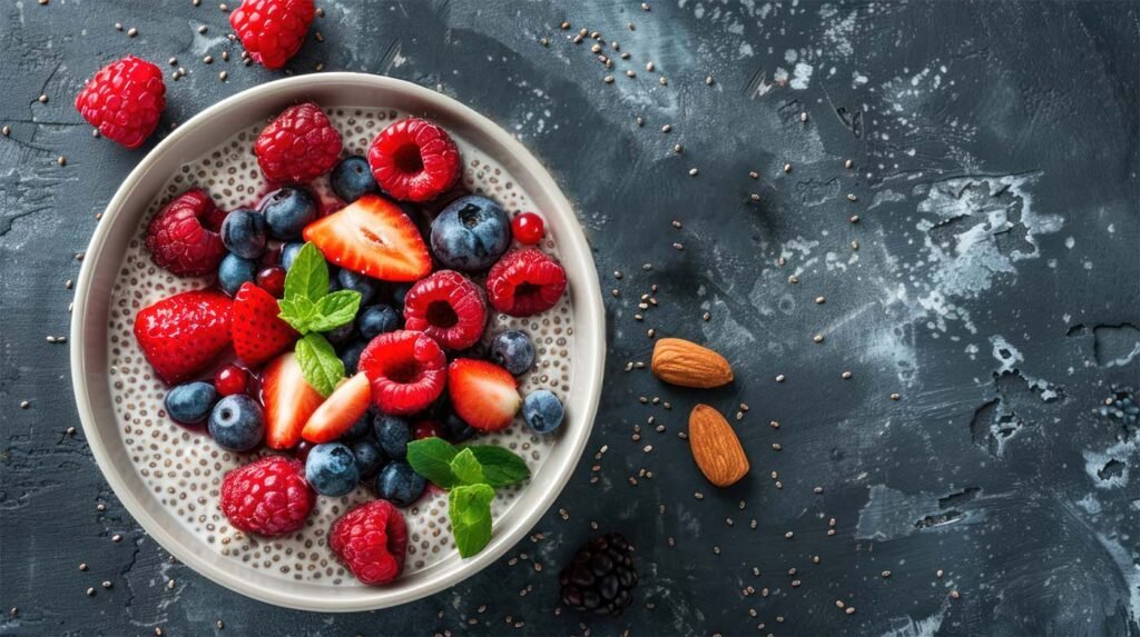 Banana Chia Seed Pudding topped with berries on black slab.