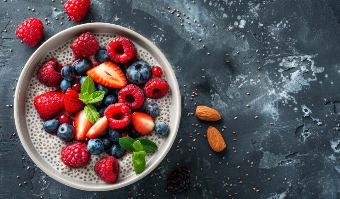 Banana Chia Seed Pudding topped with berries on black slab.