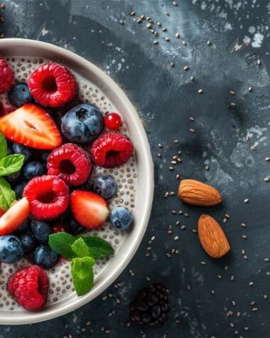 Banana Chia Seed Pudding topped with berries on black slab.