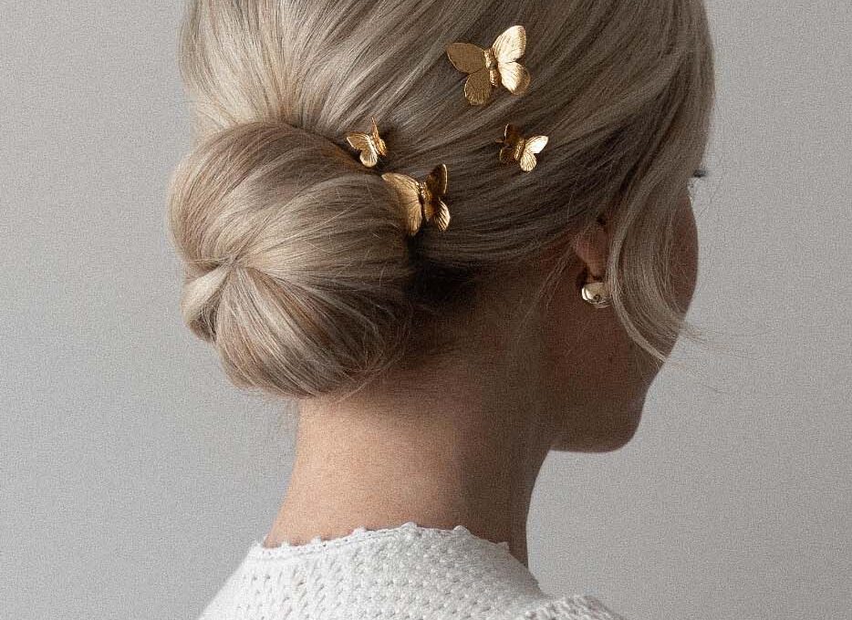 Alex Gaboury Low Bun Hairstyle with butterfly pins.