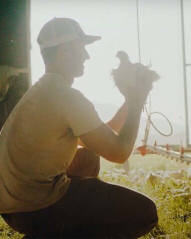 Farmer holding a chicken