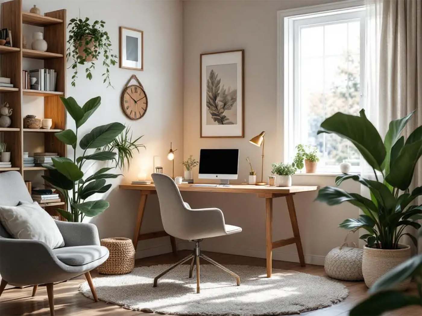 Cozy home office corner desk.