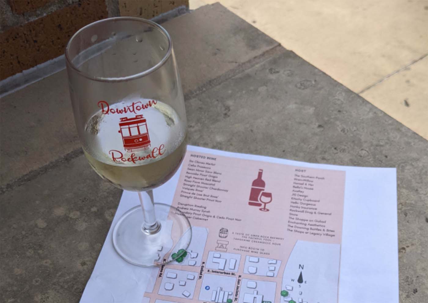 Downtown Rockwall Wine Stroll Glass and Map