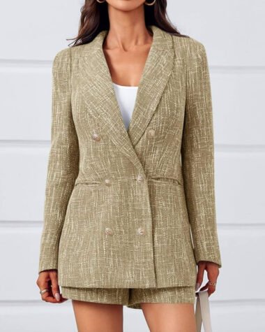 2 Piece Beige Tweed Blazer Shorts