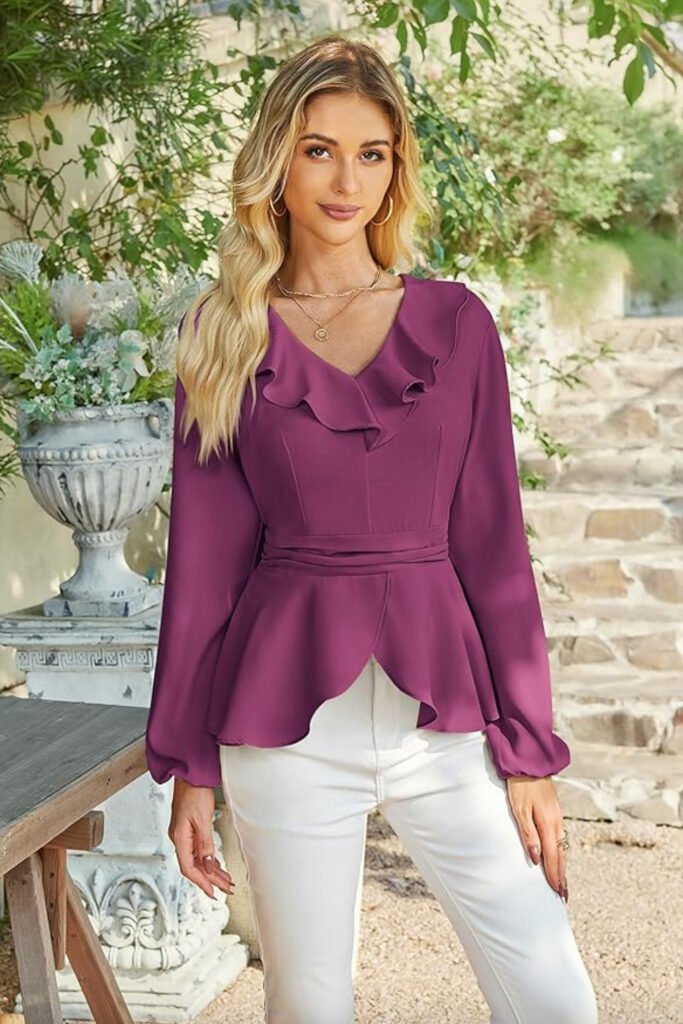 Purple Dressy Peplum Ruffle Blouse