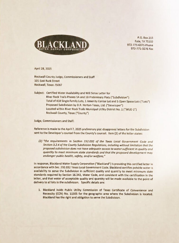 Blackland Water Corp letter April 28, 2025