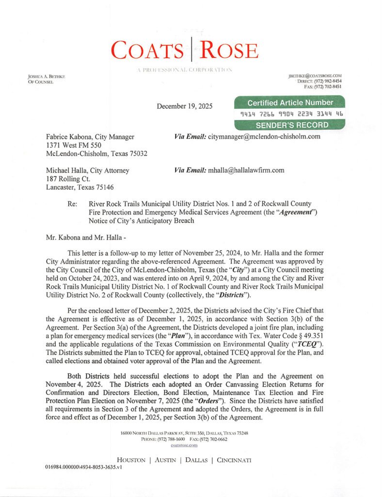 Fire EMS Agreement to McLendon-Chisholm Attorney