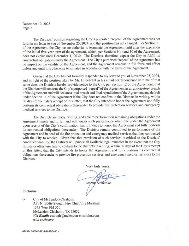 Fire EMS Agreement to McLendon-Chisholm Attorney