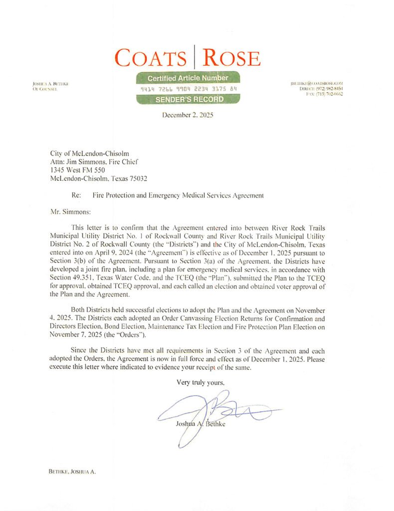 Fire EMS Agreement to McLendon-Chisholm Attorney