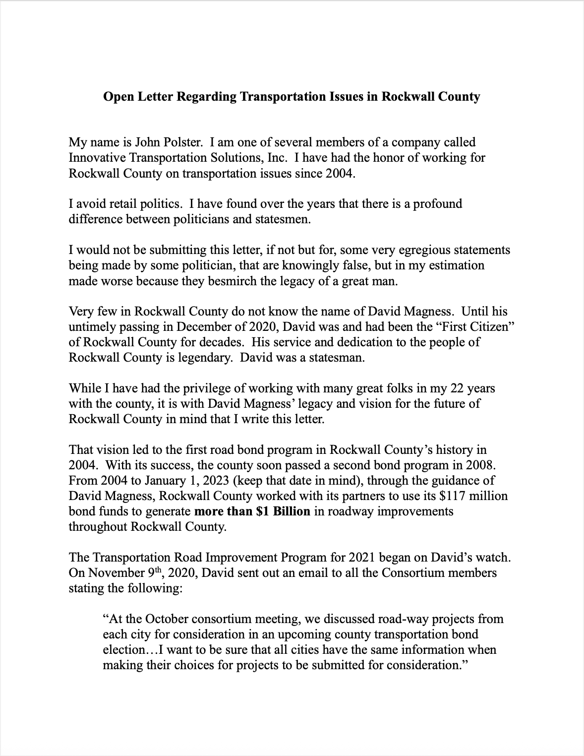 Open letter from John R. Polster regarding Rockwall County transportation bonds and SH 205 project timeline