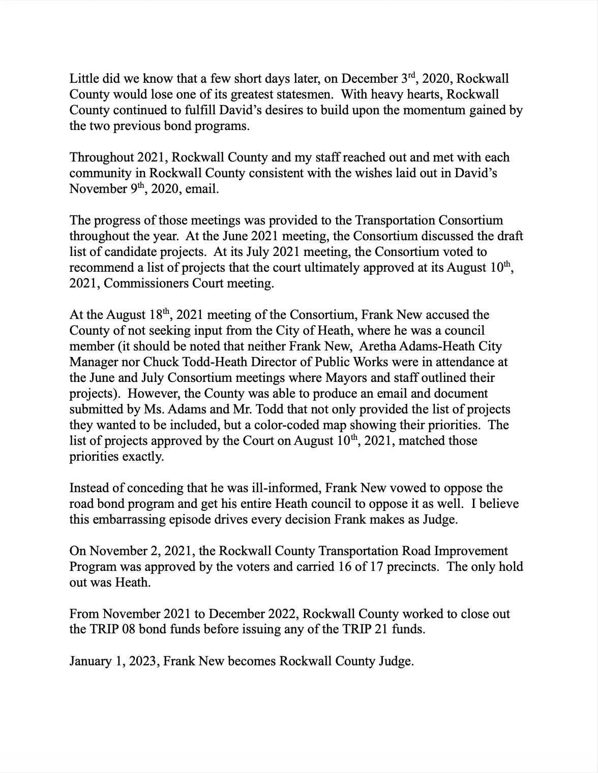 Open letter from John R. Polster regarding Rockwall County transportation bonds and SH 205 project timeline