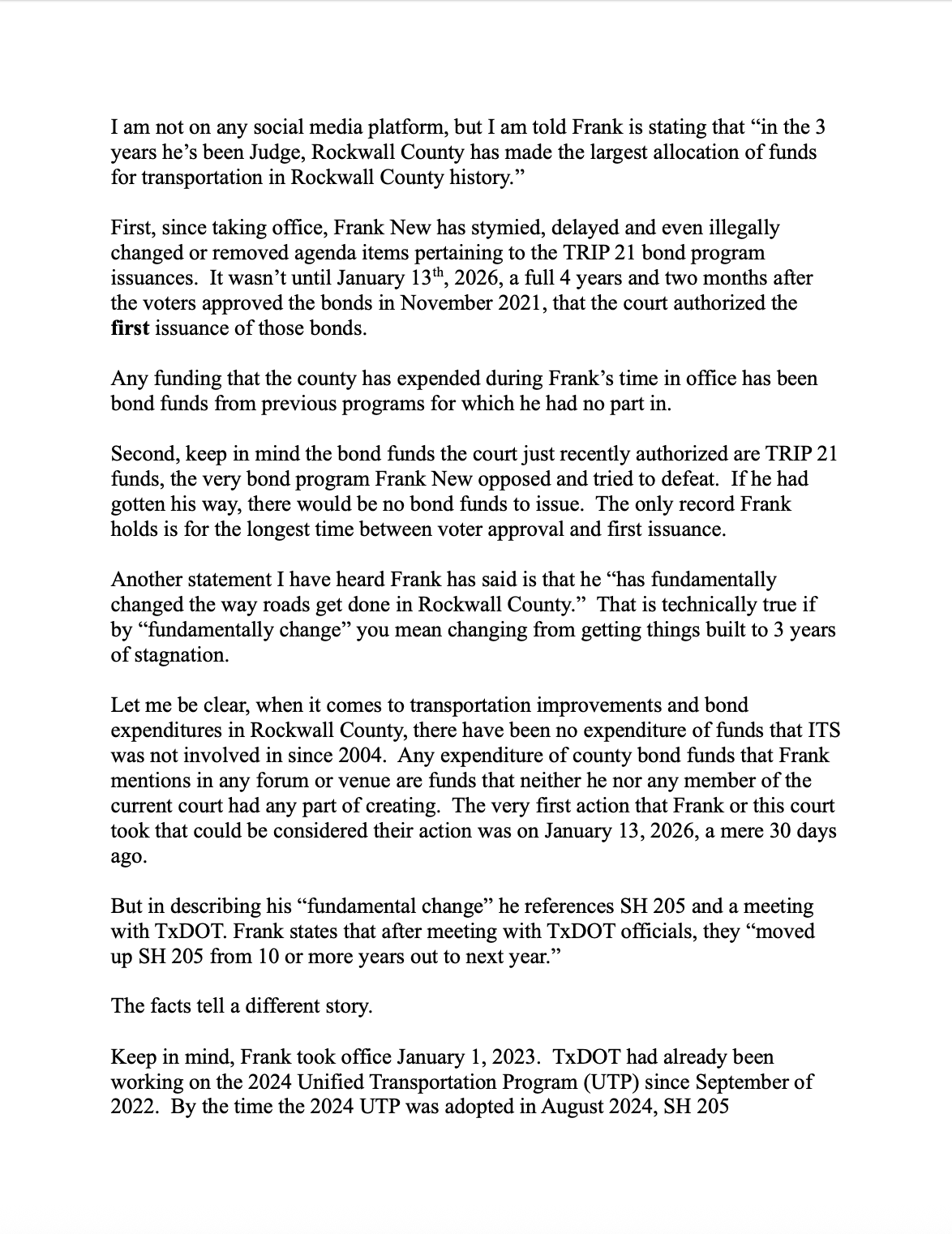 Open letter from John R. Polster regarding Rockwall County transportation bonds and SH 205 project timeline