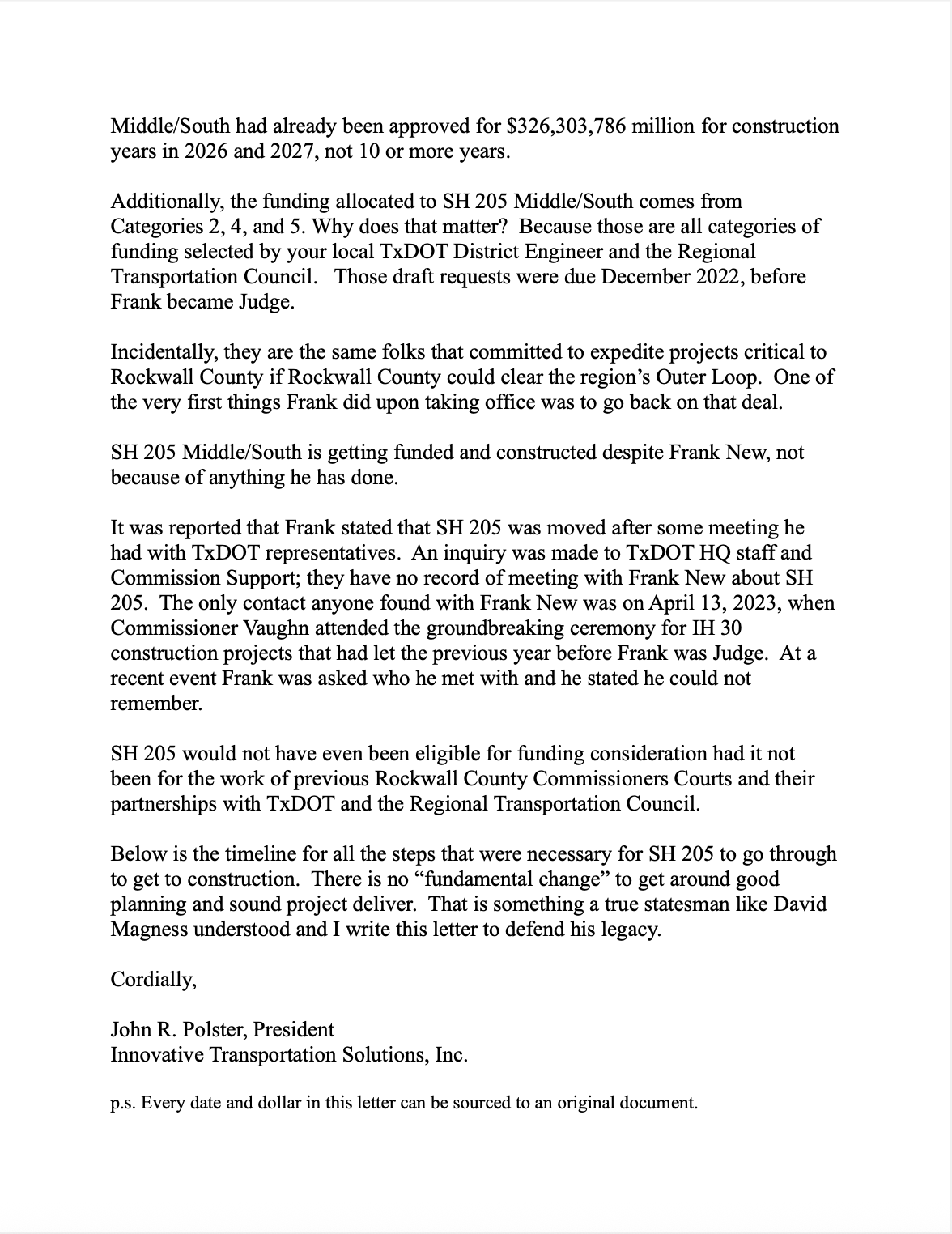 Open letter from John R. Polster regarding Rockwall County transportation bonds and SH 205 project timeline