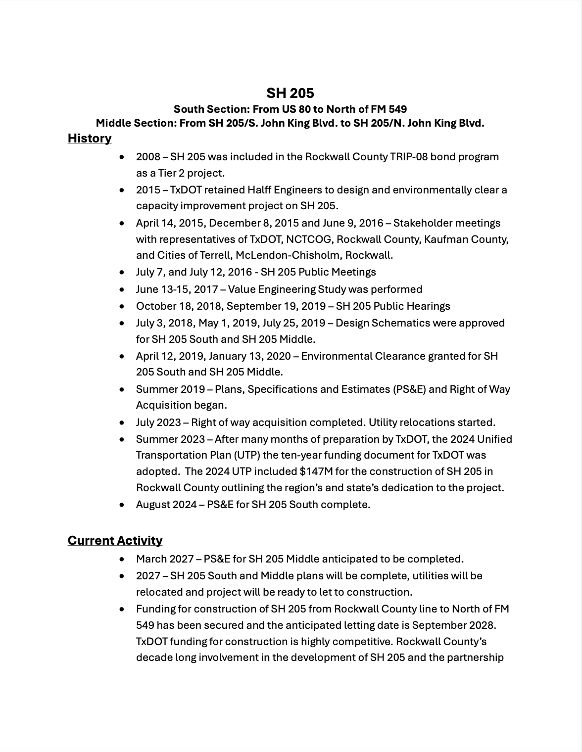 Open letter from John R. Polster regarding Rockwall County transportation bonds and SH 205 project timeline