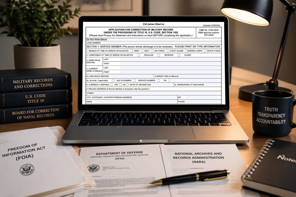 Laptop displaying a military record correction form surrounded by federal FOIA documents on a desk in an editorial setting