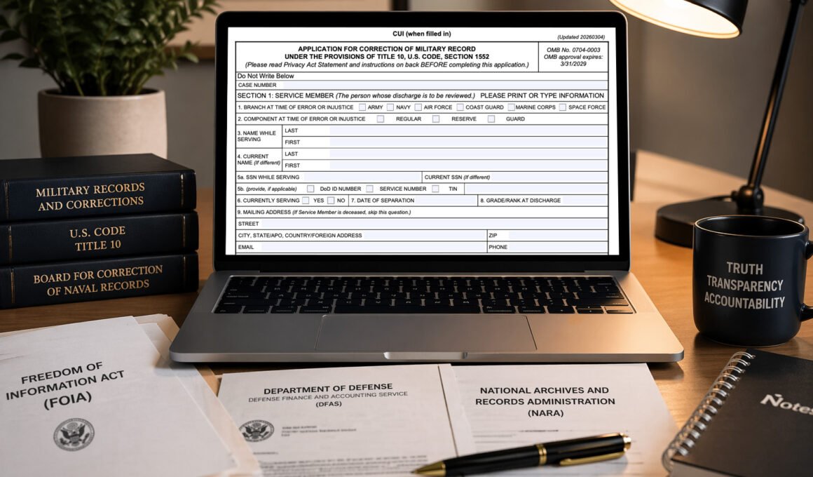Laptop displaying a military record correction form surrounded by federal FOIA documents on a desk in an editorial setting