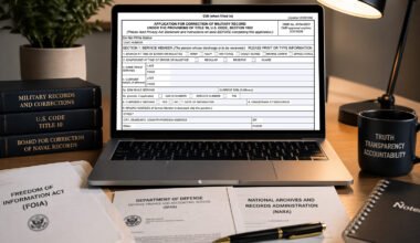 Laptop displaying a military record correction form surrounded by federal FOIA documents on a desk in an editorial setting
