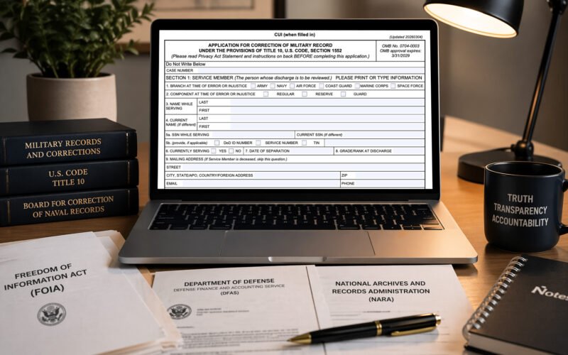 Laptop displaying a military record correction form surrounded by federal FOIA documents on a desk in an editorial setting