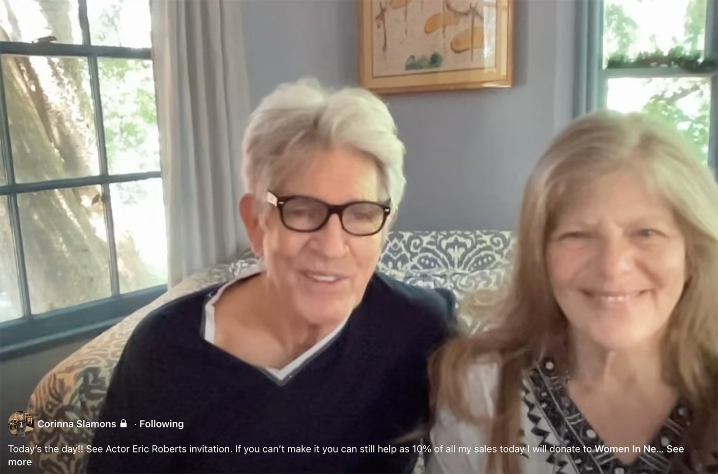 Eric Roberts and Eliza Roberts sharing a video message in support of Lua S Design and a charity event benefiting Women In Need