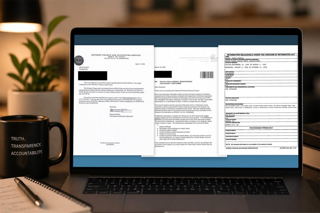 FOIA documents related to Bryan McNeal’s military history displayed on a laptop screen in a desk setting