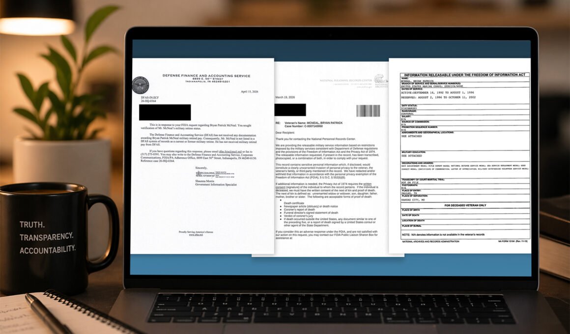 FOIA documents related to Bryan McNeal’s military history displayed on a laptop screen in a desk setting