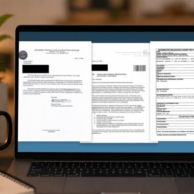 FOIA documents related to Bryan McNeal’s military history displayed on a laptop screen in a desk setting