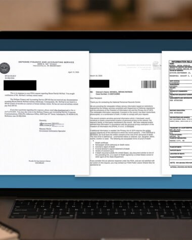 FOIA documents related to Bryan McNeal’s military history displayed on a laptop screen in a desk setting