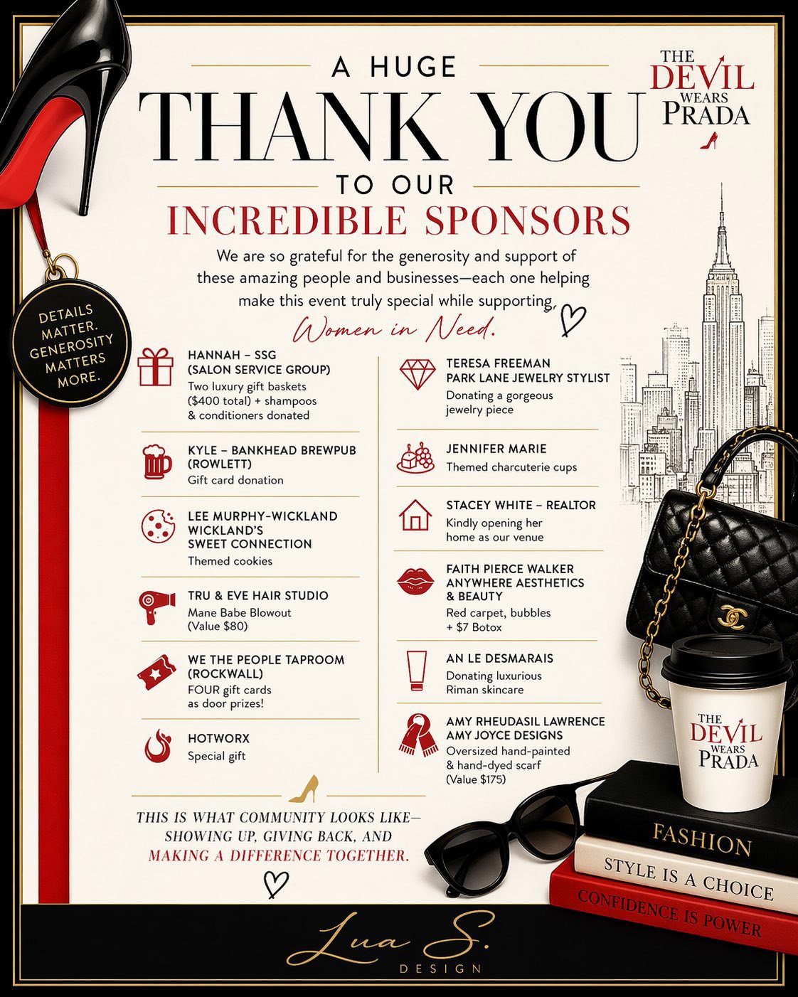 Sponsors and contributors who helped bring the “Devil Wears Prada” charity event to life in support of Women In Need