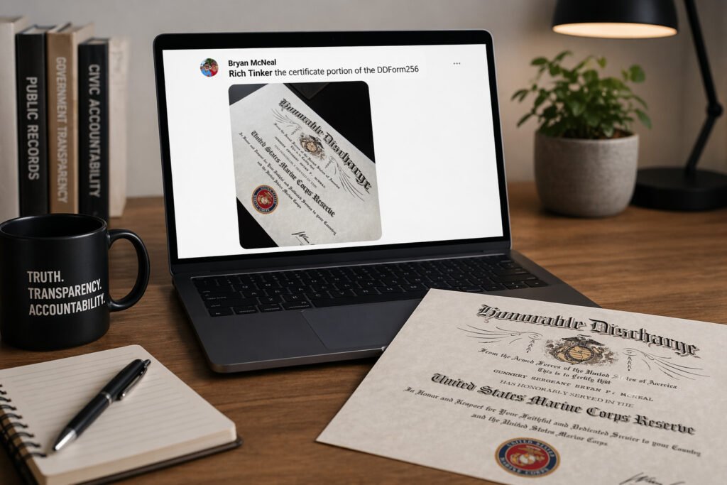 Laptop displaying a social media comment by Bryan McNeal alongside an image of a military discharge certificate identified as DD Form 256 in a desk setting