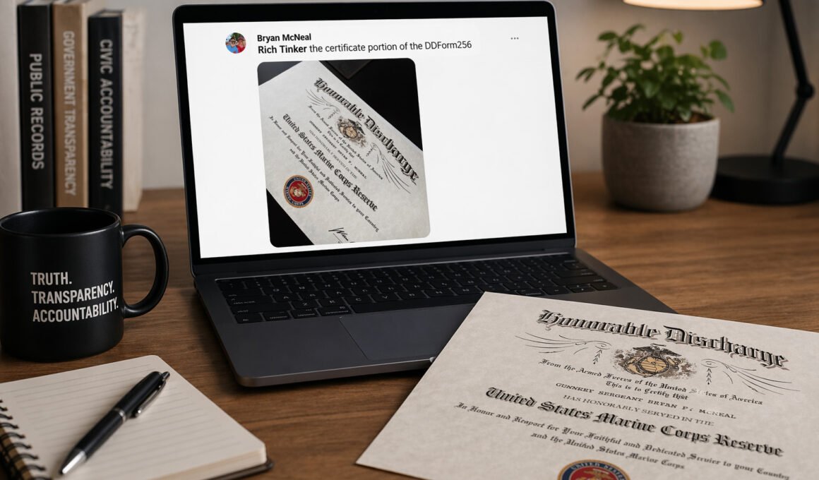 Laptop displaying a social media comment by Bryan McNeal alongside an image of a military discharge certificate identified as DD Form 256 in a desk setting