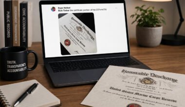 Laptop displaying a social media comment by Bryan McNeal alongside an image of a military discharge certificate identified as DD Form 256 in a desk setting