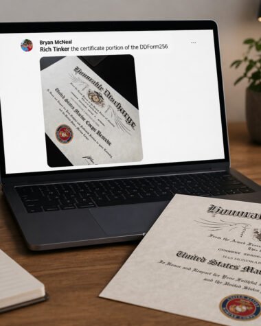 Laptop displaying a social media comment by Bryan McNeal alongside an image of a military discharge certificate identified as DD Form 256 in a desk setting