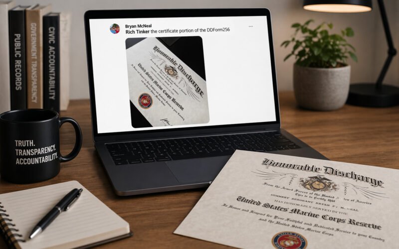 Laptop displaying a social media comment by Bryan McNeal alongside an image of a military discharge certificate identified as DD Form 256 in a desk setting