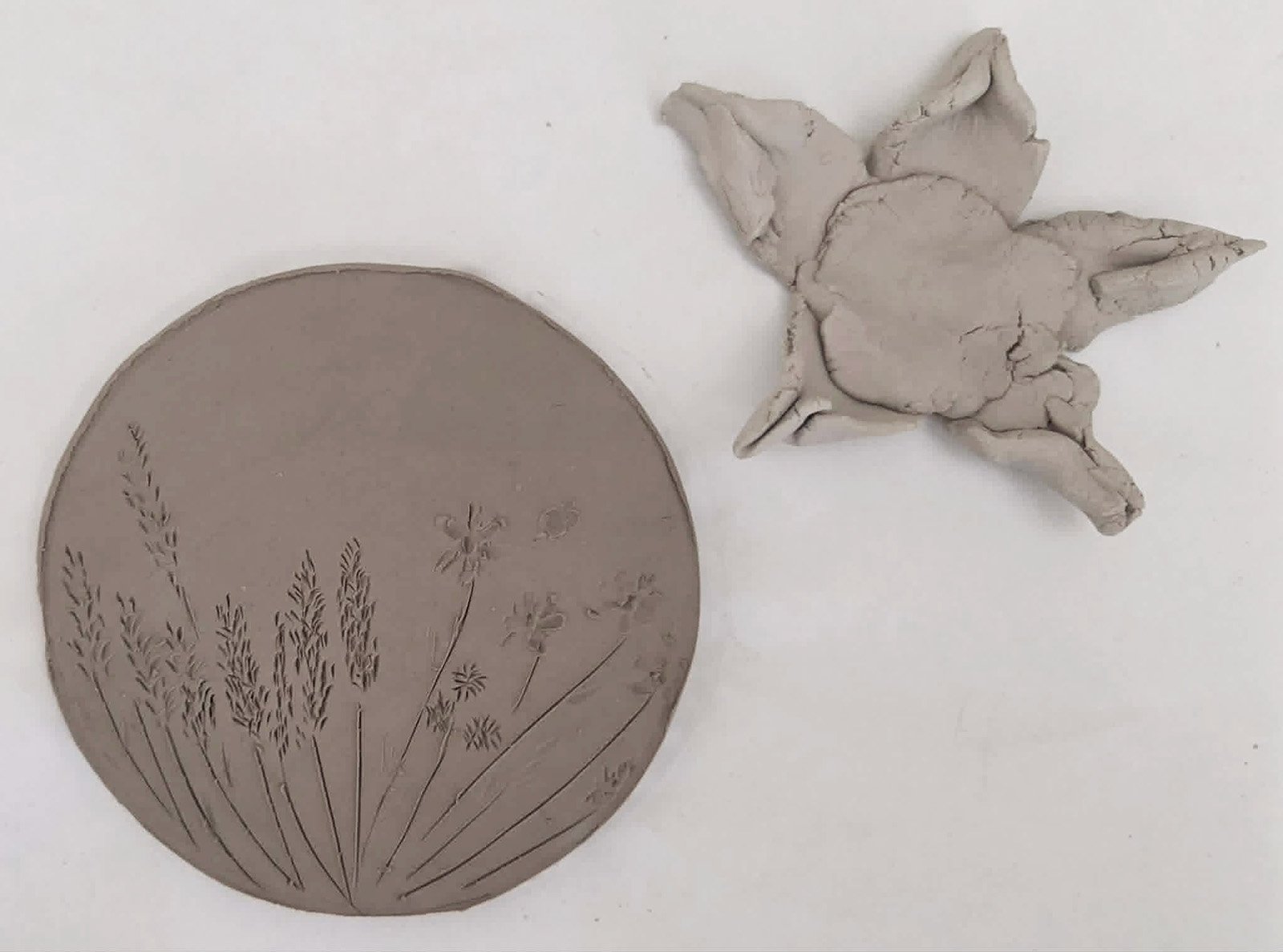 Air dry clay flower and decorative dish inspired by wildflowers created during family summer art day