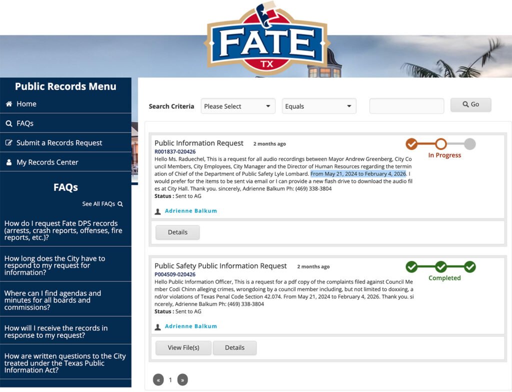 City of Fate Public Records Portal
