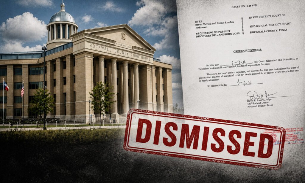 Rockwall County Courthouse and court dismissal order related to Rule 202 discovery petition filed by Bryan McNeal and Dennis London.