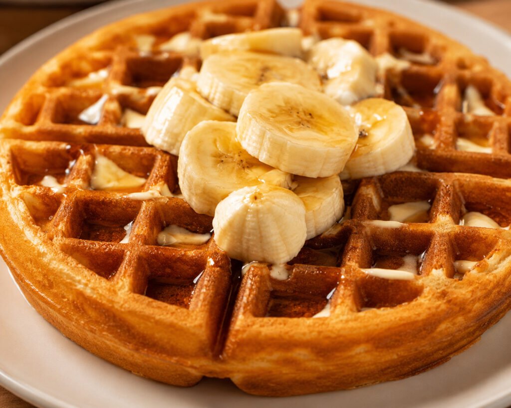 Waffles and Banana Slices with Maple Syrup