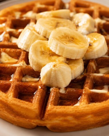 Waffles and Banana Slices with Maple Syrup