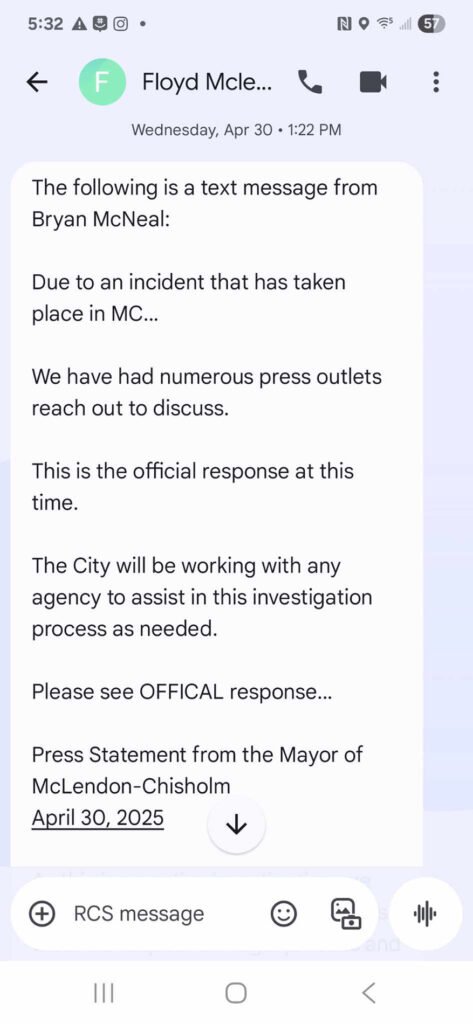 Bryan McNeal Text Message to Floyd McLendon Jr