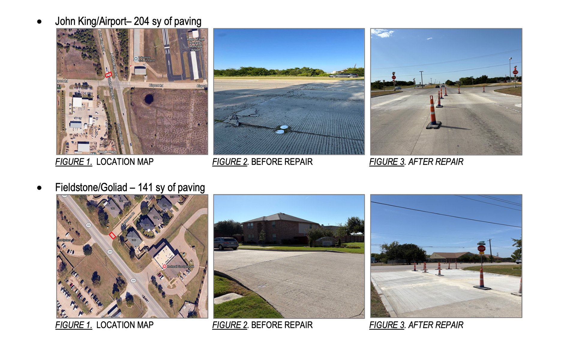 City of Rockwall before-and-after images showing pavement repairs at John King Boulevard intersections in August 2026