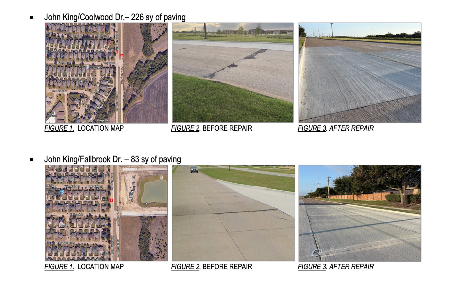 City of Rockwall before-and-after images showing pavement repairs at John King Boulevard intersections in August 2026