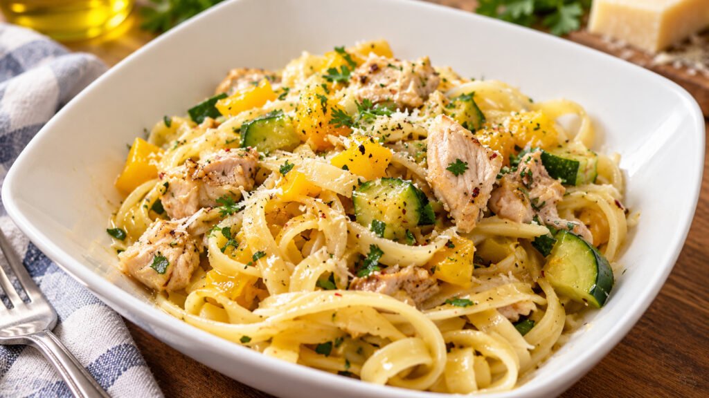 Bowl of garlic olive oil chicken fettuccine with zucchini, yellow squash, bell pepper and Parmesan cheese