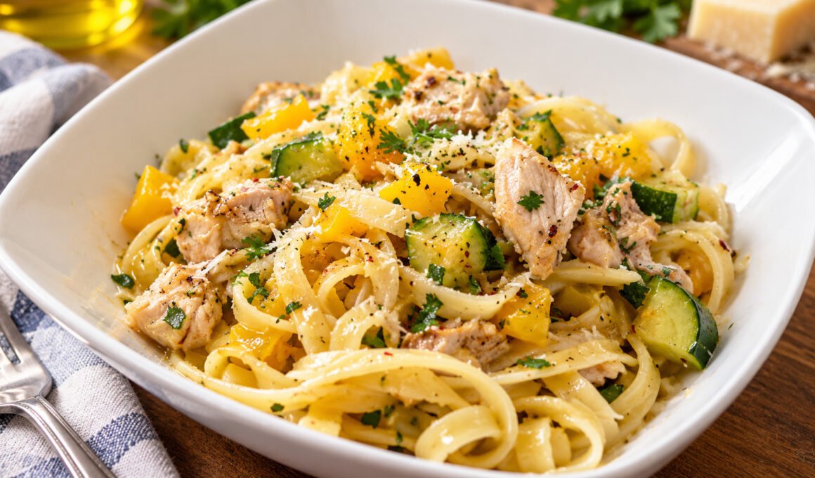 Bowl of garlic olive oil chicken fettuccine with zucchini, yellow squash, bell pepper and Parmesan cheese