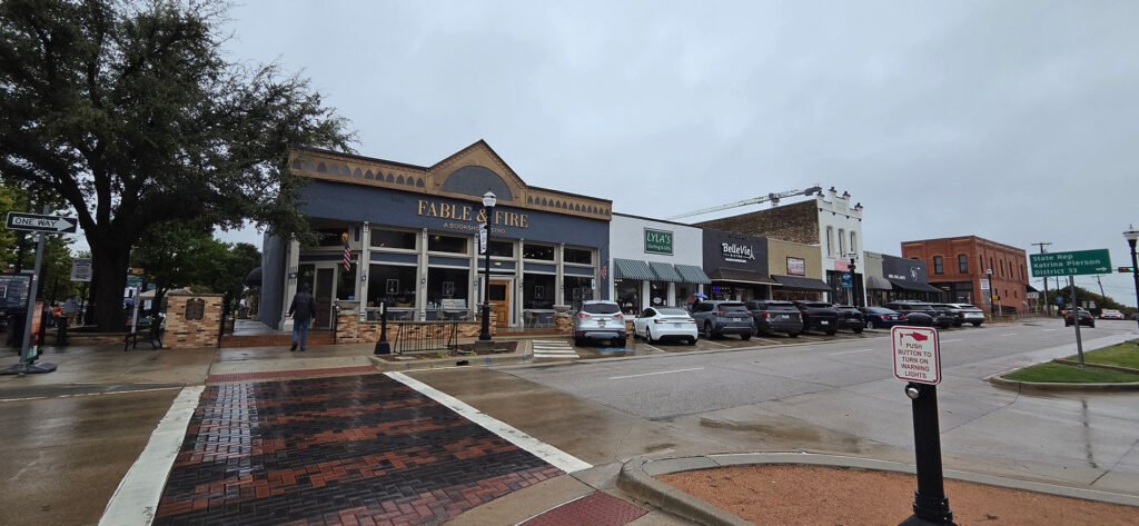 Storefronts along Rusk Street photographed Oct. 3, 2026, including Fable & Fire, Lyla’s Clothing and BelleVie Bistro.