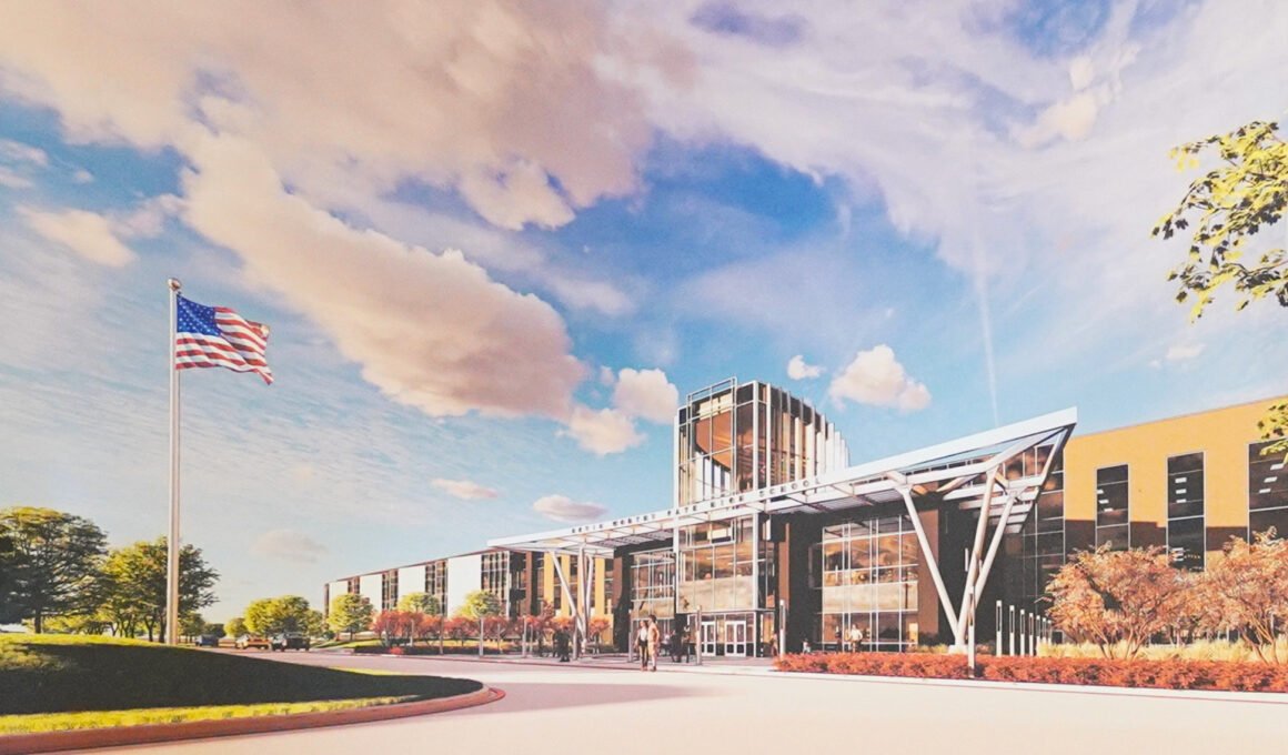 Architectural rendering of the planned Kevin Worthy Fate High School campus in Fate, Texas, showing the main entrance and exterior design.