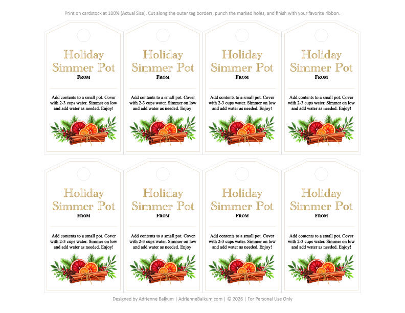 Eight printable holiday simmer pot gift tags with gold lettering, watercolor oranges, cinnamon sticks, and spaces for family names.