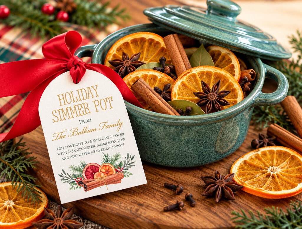 Mini green Dutch oven filled with dried oranges, cinnamon sticks, and star anise, decorated with a red ribbon and holiday simmer pot gift tag.