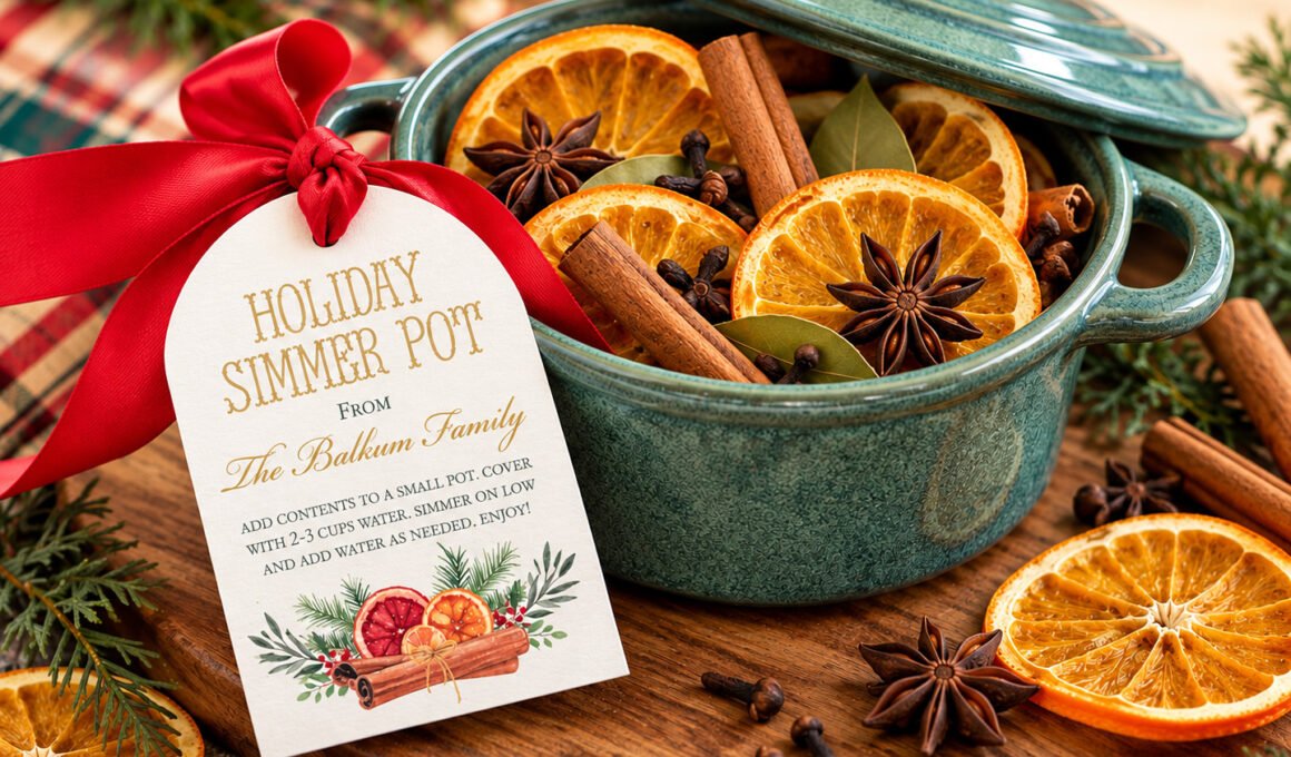 Mini green Dutch oven filled with dried oranges, cinnamon sticks, and star anise, decorated with a red ribbon and holiday simmer pot gift tag.