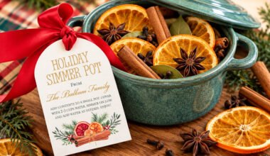 Mini green Dutch oven filled with dried oranges, cinnamon sticks, and star anise, decorated with a red ribbon and holiday simmer pot gift tag.